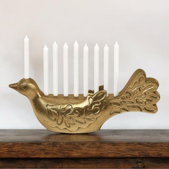 Dove Menorah Candle Holder Gold Threshold Aluminum Cast Bird Hanukkah Decor - Picture 2 of 6